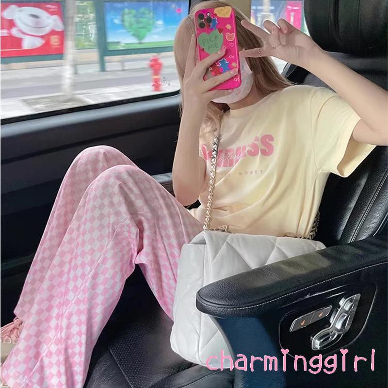 Quần dài ống suông lưng thun dây rút họa tiết sọc caro thời trang mùa xuân cho nữ
