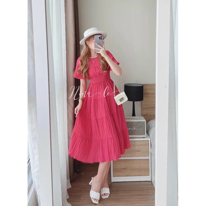 Đầm maxi di biển cổ tròn tay con bo eo xinh đẹp