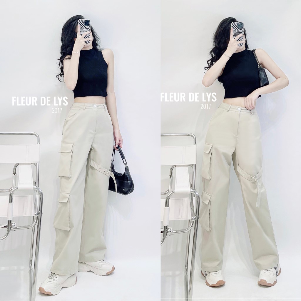 Quần túi hộp ống rộng trắng kem Delys quần kaki suông phối đai gối