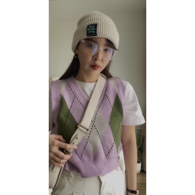 Áo gile tím pastel quả trám freesize chất len đanh