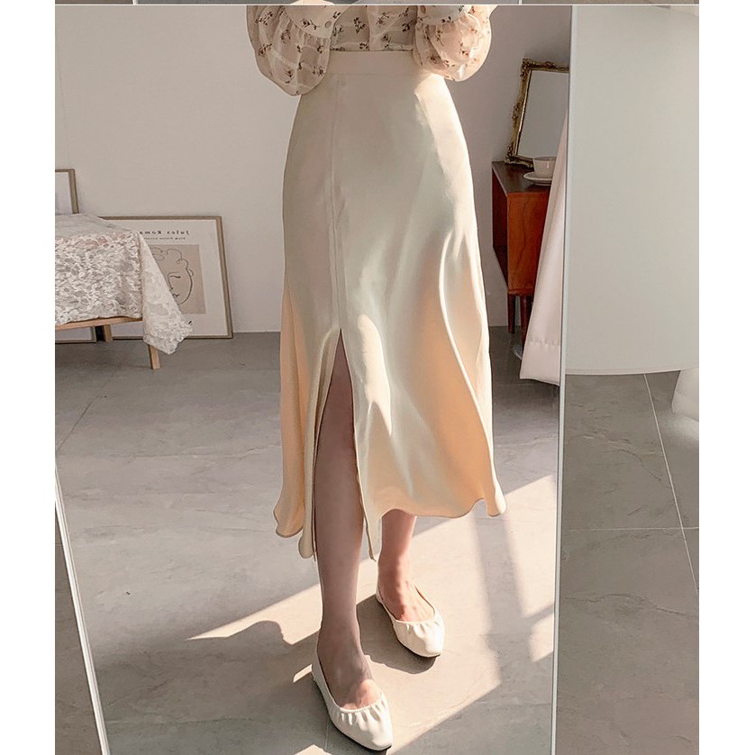 Áo Kiểu Cổ Tròn Tay Phồng In Hoa + Chân Váy Lưng Cao Xẻ Tà Thời Trang 41061