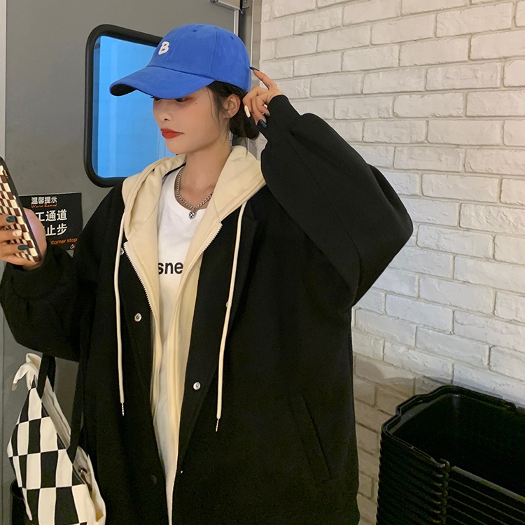 ZHELIHANGFEI Hai mảnh - áo khoác len trùm đầu áo khoác dài tay áo rộng casual casual gym kiểu dáng