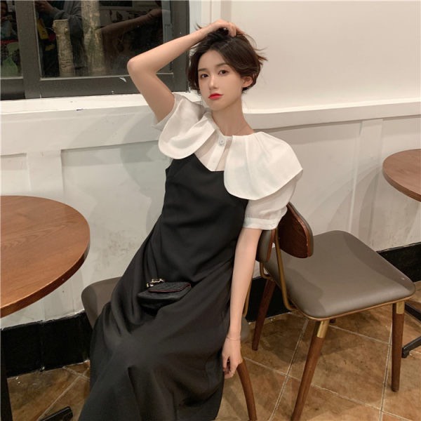 Váy đầm đen hồng cổ trắng xinh tay ngắn dáng dài nhẹ nhàng phong cách Hàn Quốc