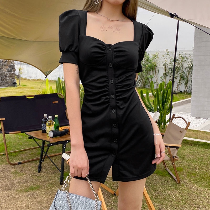 Đầm nữ Perty màu đen phối nút gợi cảm phong cách retro Hàn Quốc