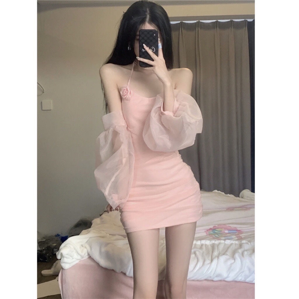 Đầm tay ngắn trễ vai dáng ngắn phong cách phương Tây gợi cảm thiết kế ngọt ngào thời trang