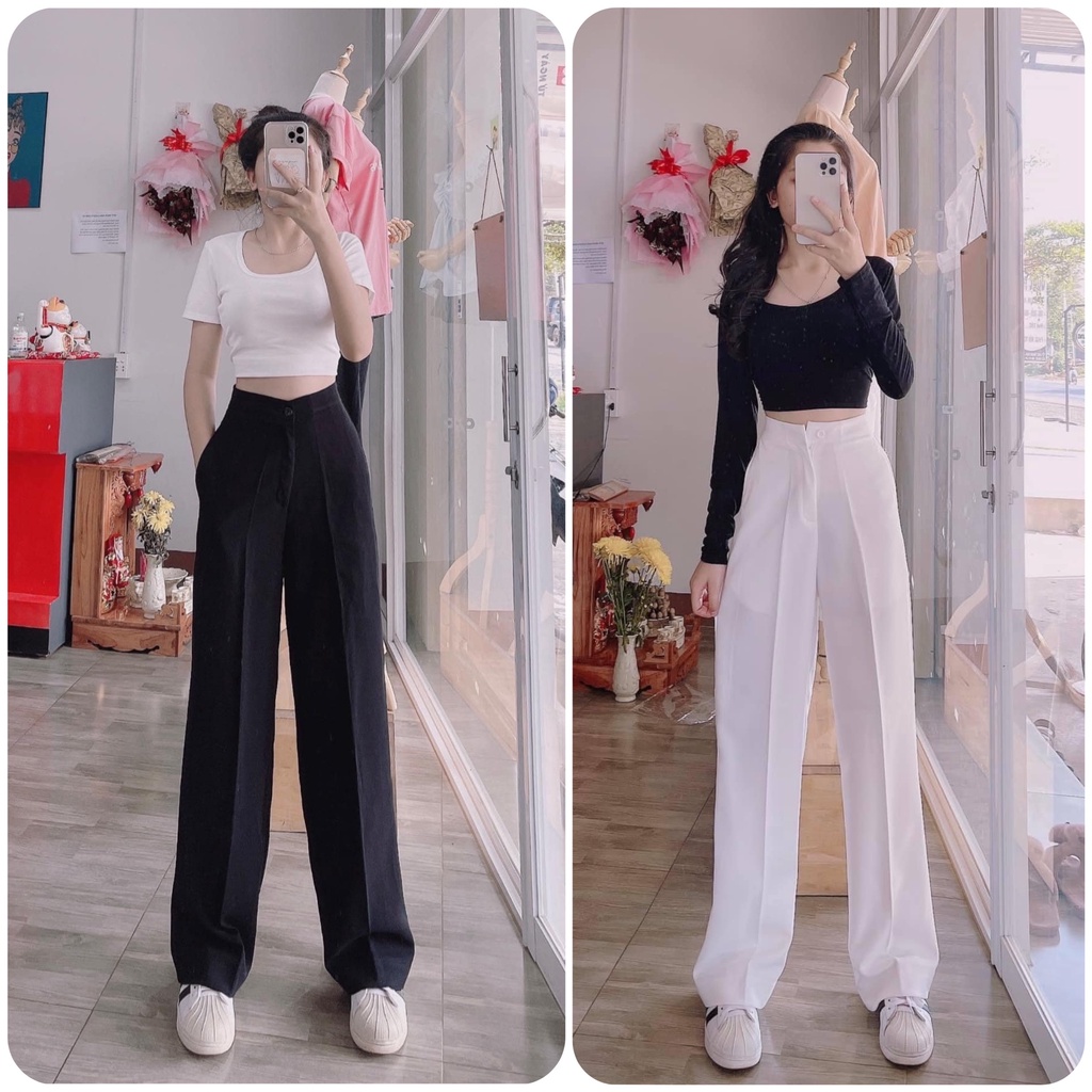 Quần ống rộng suông nữ lưng cao khóa trước 1 khuy vải tuyết dài 100cm mã_QK777