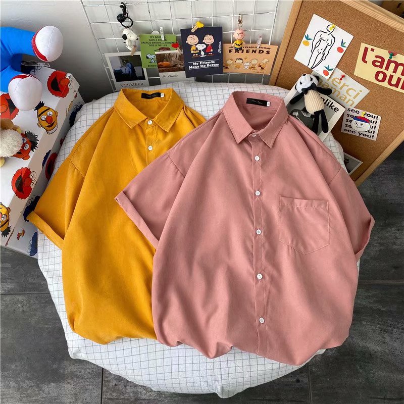 Summer Korean style solid color loose short-sleeved shirt for men