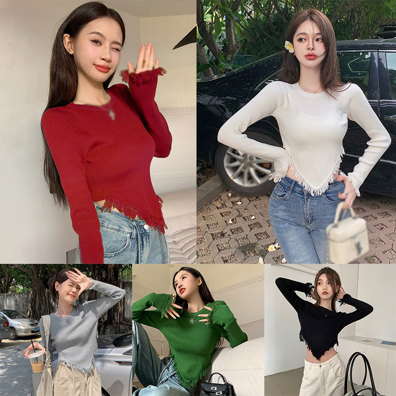 Áo Thun Dệt Kim Mỏng Tay Dài Cổ Tròn Viền Tua Rua Màu Trơn Thời Trang Hàn Quốc Cho Nữ