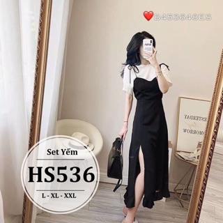Set yếm bigsize nữ 55-90kg xẻ đùi HS536 - Set bộ yếm bigsize 2 món bao gồm áo trong + yếm cho người béo mập 55-90kg