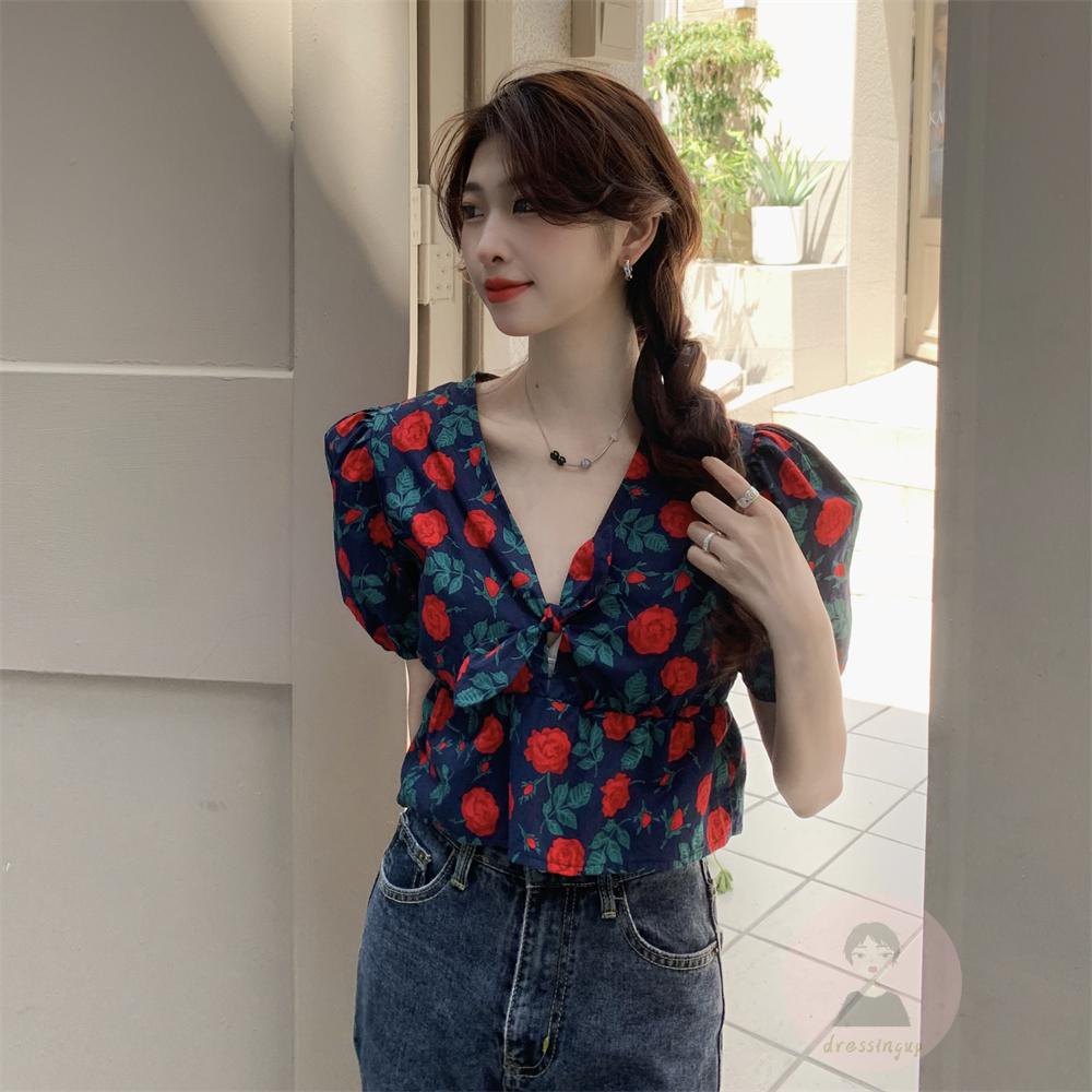 Áo Thun Ngắn Tay Cổ Chữ V Thắt Nút Trước In Họa Tiết Hoa Hồng Cho Nữ