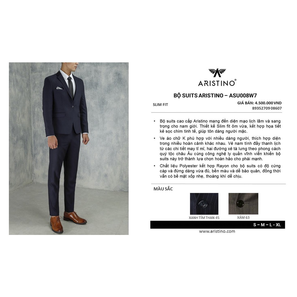 (TAG 4500K) Bộ vest suit nam ARISTINO CHÍNH HÃNG ASU008W7