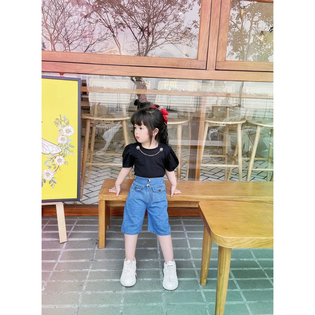[BÁN TÁCH LẺ] Áo Xích Tay Bồng Phối Quần Jean Cạp Cao Dáng Xuông Cho Bé Gái 8-20Kg NamKidShop (V379)