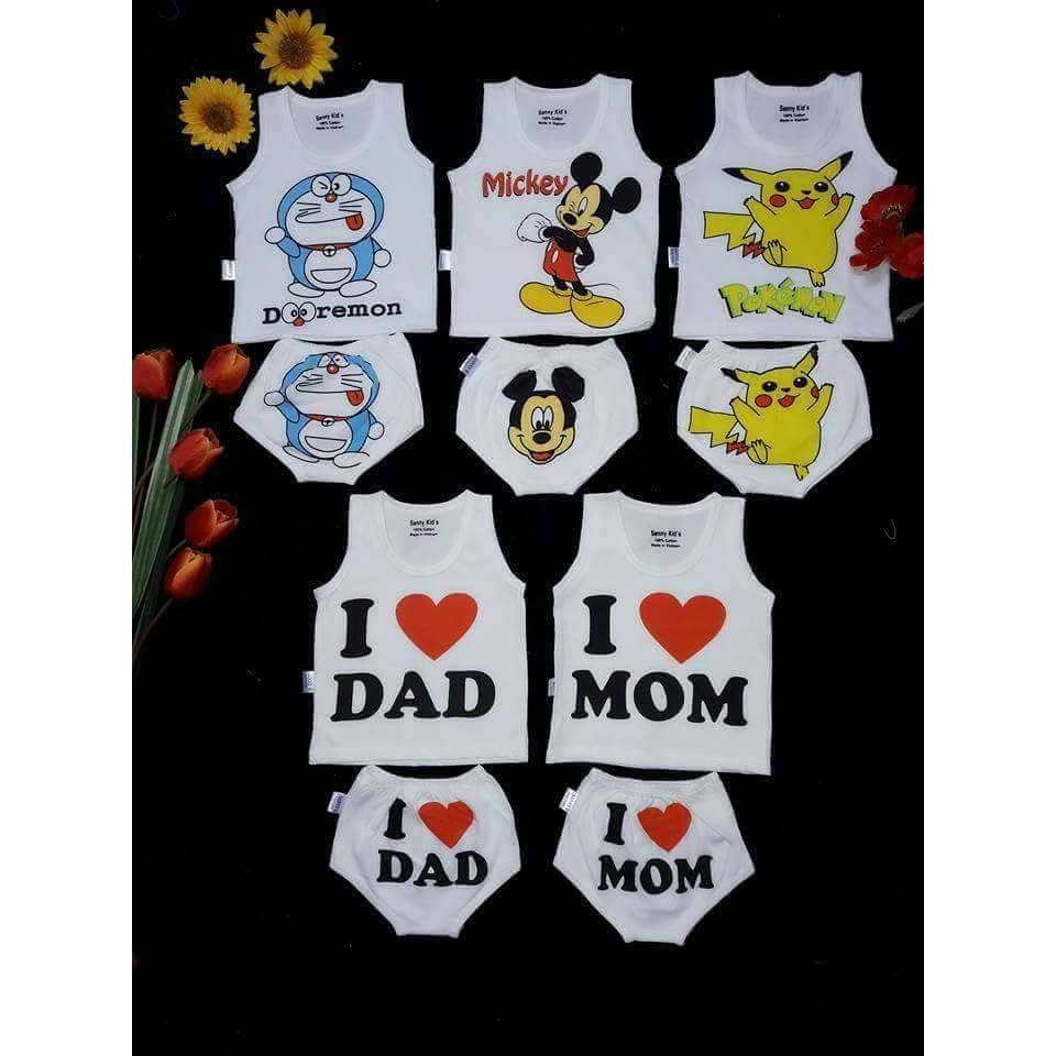 Combo 5 Bộ Áo Ba Lỗ Quần Chip I LOVE MOM, I LOVE DAD - Vải Đẹp Cotton 100% (4-15kg)