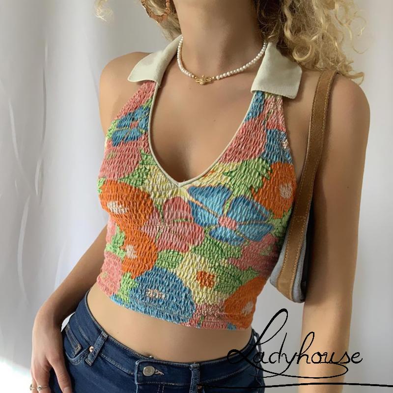 Áo Croptop Hai Dây Cổ Chữ V In Họa Tiết Thời Trang Mùa Hè Cho Nữ