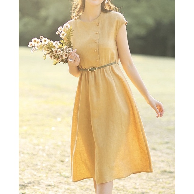 Đầm linen tưng khuy bọc chéo