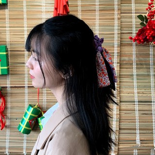 Dây cột tóc pelta scrunchies nơ dài tím mộng mơ