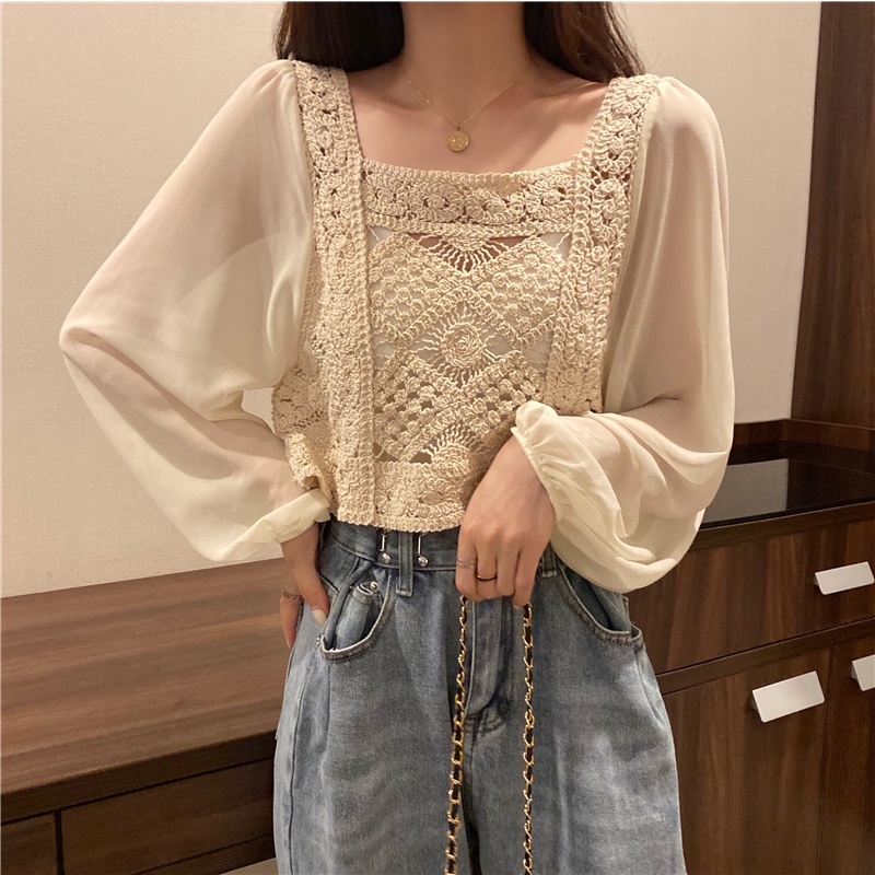 Áo kiểu Perty cổ vuông thời trang mùa thu Hàn Quốc cho nữ