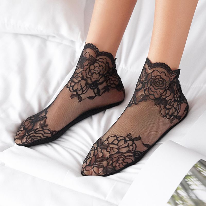 Youyo Đôi Vớ Lưới Xuyên Thấu Màu Trơn Phối Ren Hoa Siêu Mỏng Chống Trượt Gợi Cảm Cho Nữ