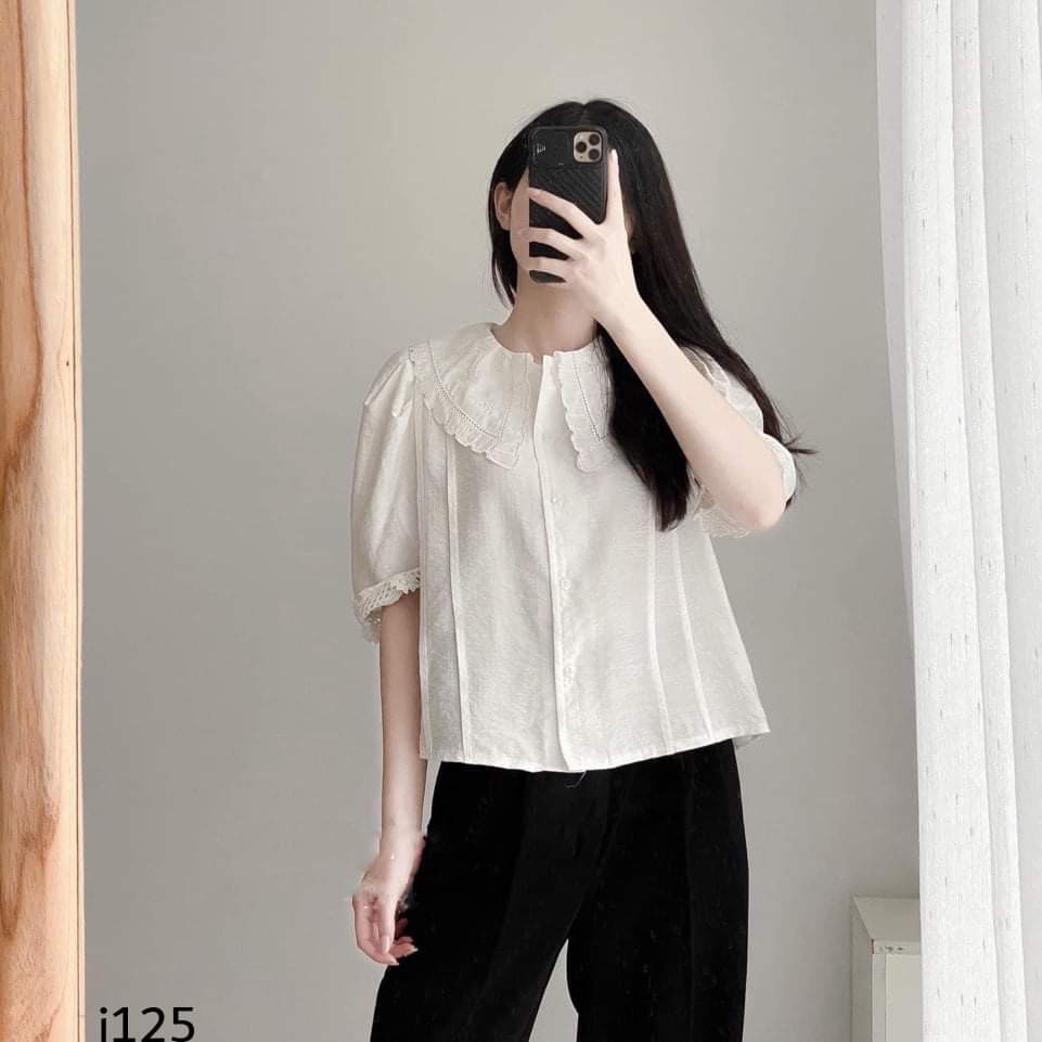 Áo Sơ Mi Ngắn Tay Ren Cổ Nhọn Viền Ren Cực Xinh kèm