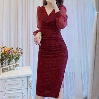 Đầm body phối tay voan cổ đổ