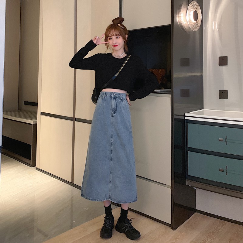 Chân Váy Denim Lưng Cao Xẻ Tà Phong Cách Vintage | BigBuy360 - bigbuy360.vn