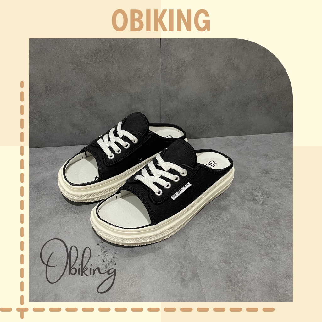 Giày sục thể thao hở mũi kẻ caro-chất canvas đế cao 3cm