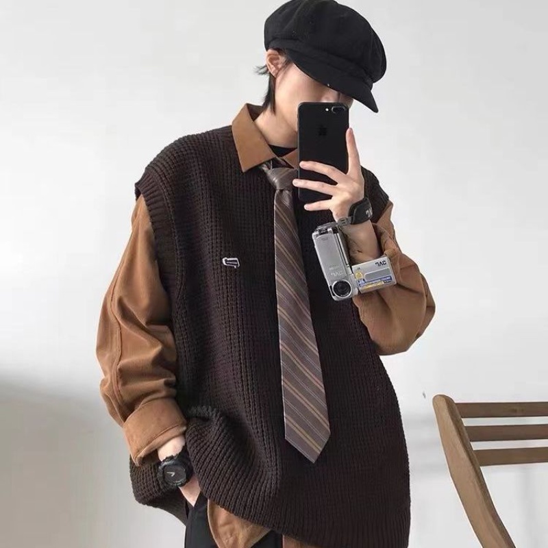 Áo Sweater Dệt Kim Không Tay Cổ Tròn Dáng Rộng Màu Sắc Retro Nhật Bản Dành Cho Nam Nữ