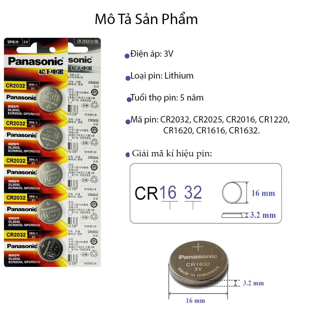 Pin Cúc Áo Panasonic CR2032 - CR2025 - CR2016 - CR1632 - CR1620 - CR1616 - CR1220 3V Lithium