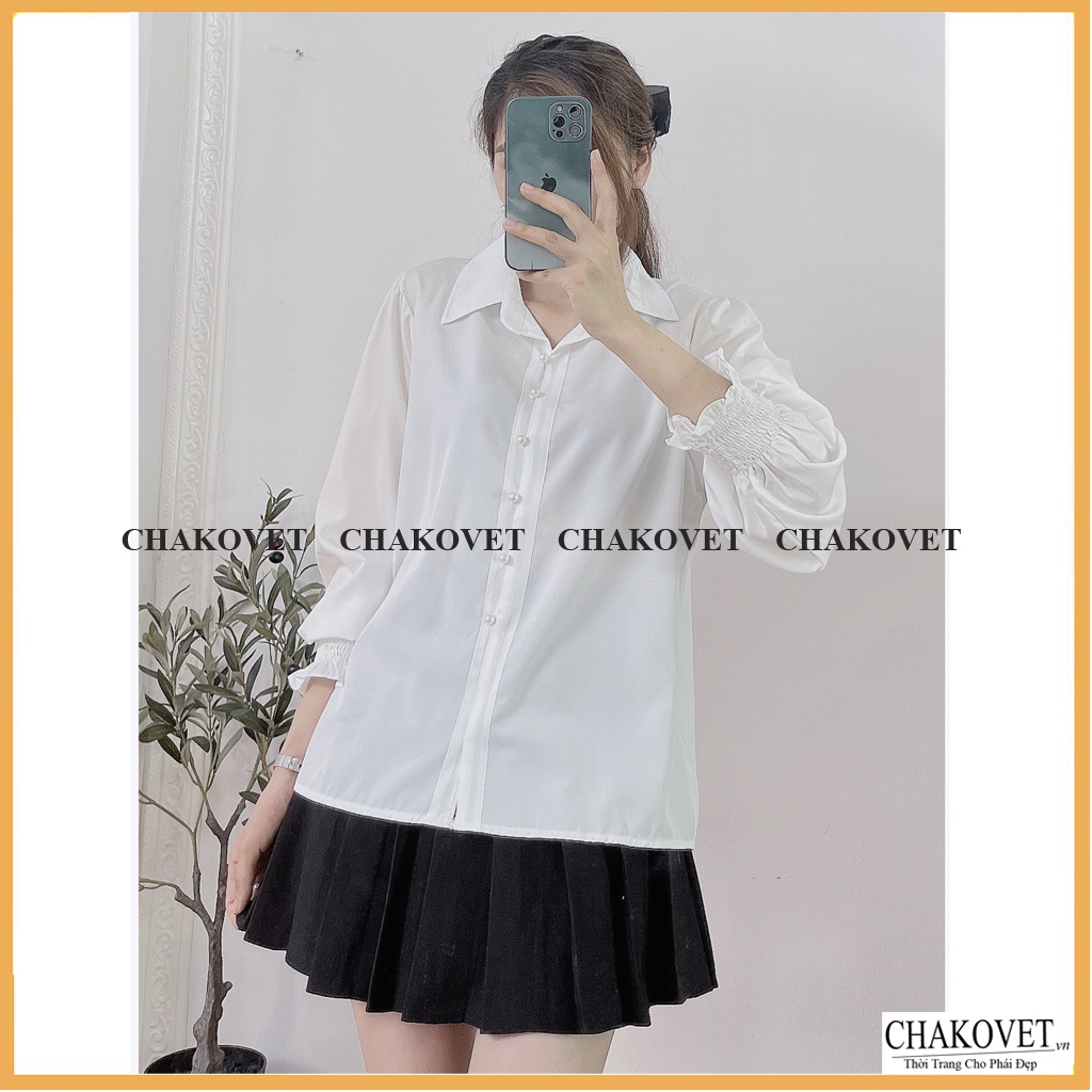 Áo sơ mi nữ dài tay công sở CKA862, áo kiểu nữ màu trắng cúc ngọc tay bo chun style hàn quốc freesize <53kg cực xinh | BigBuy360 - bigbuy360.vn