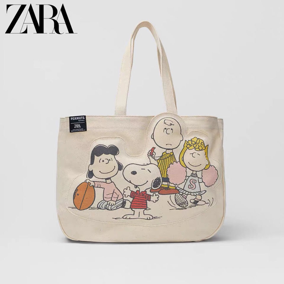 Zara Túi Xách Vải canvas Cỡ Lớn In Hoạt Hình Snoopy Hai Mặt Thời Trang 2021