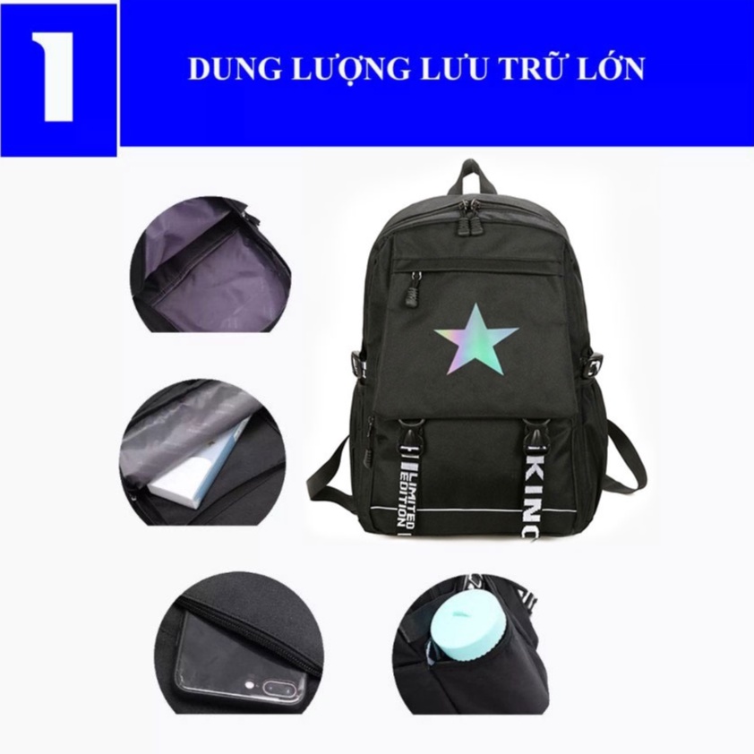 Balo Ulzzang Nam Nữ Thời Trang Hàn Quốc Logo STAR Phát Sáng, Có Ngăn Chống Sốc Laptop Chống Nước Dùng Đi Chơi Du Lịch