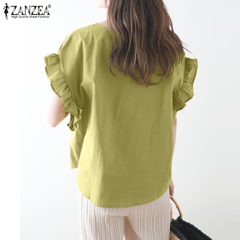 Áo sơ mi ZANZEA tay ngắn cổ chữ V phong cách Hàn Quốc đơn giản cho nữ