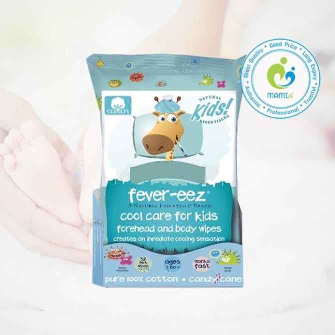 Khăn giấy lau mát (32 miếng) giúp hạ sốt cho bé từ 3 tháng tuổi Fever-eez Cool Care for Kids, USA