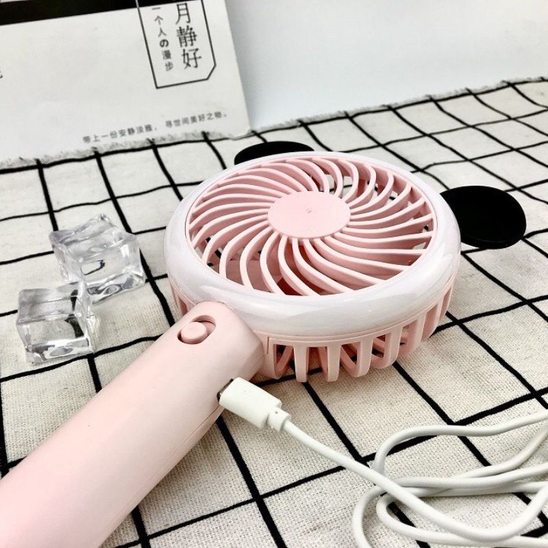 Quạt Mini Cầm Tay 3 Cấp Độ Gió Có Đèn Led - Quạt Tai Gấu Tích Điện Bỏ Túi