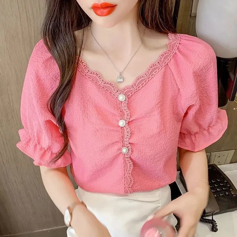 Áo Sơ Mi chiffon Tay Ngắn Cổ v Thời Trang Mùa Hè Cho Nữ