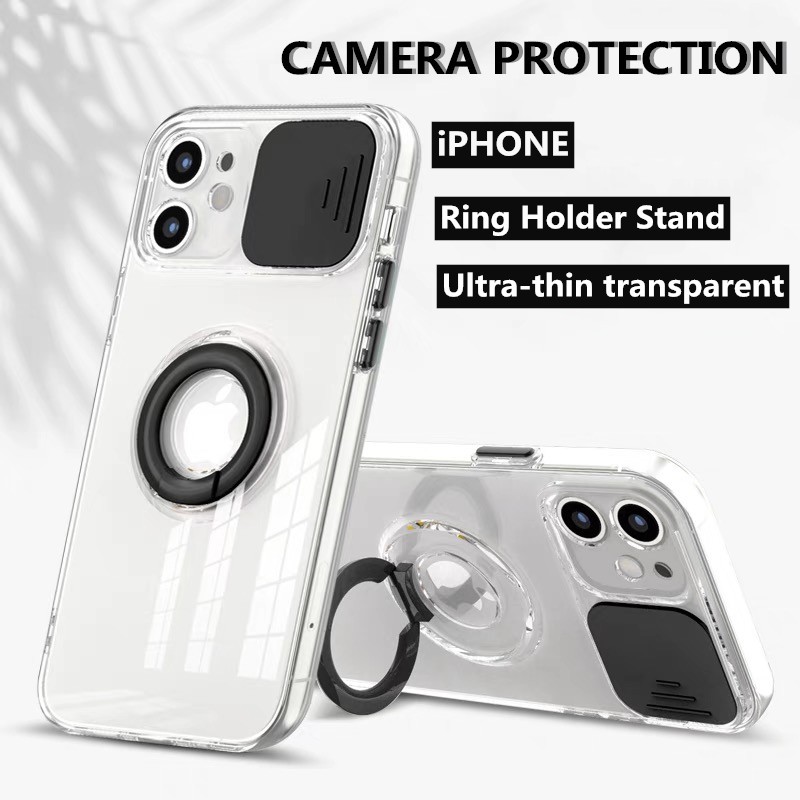 Ốp điện thoại trong suốt có giá đỡ có nắp trượt bảo vệ camera cho iPhone 12 mini 11 Pro XS Max XR X 8 7 Plus se 2020