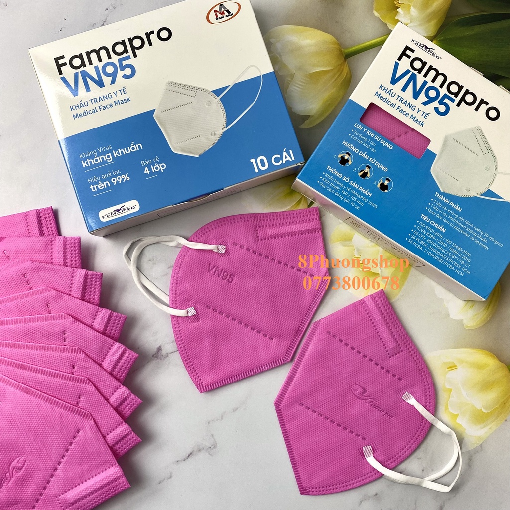 Khẩu trang y tế VN95 kháng khuẩn 4 lớp FAMAPRO Hộp 10 cái - 8 màu Trắng / Xám / Đen / Navy / Vàng / Hồng / Rêu