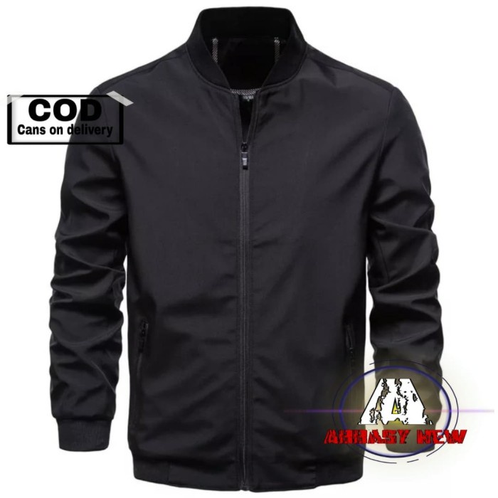 Áo Khoác Bomber Dây Kéo Màu Đen/Xanh Dương Phong Cách Unisex