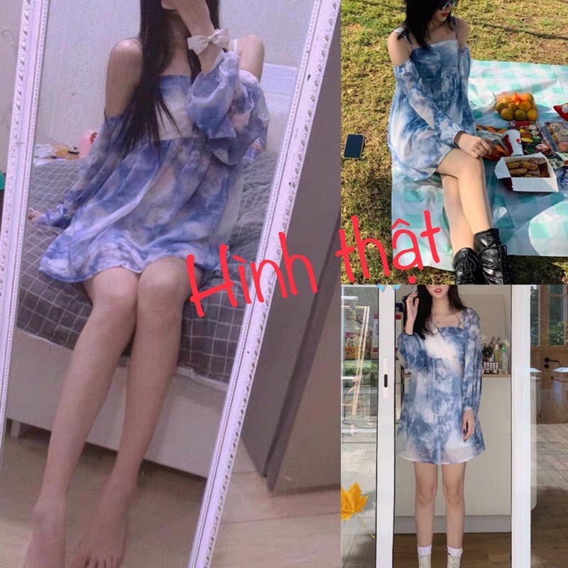 [Order] Đầm trễ vai vải loang xanh dáng babydoll. Váy hai dây khoét vai hình thật cuối