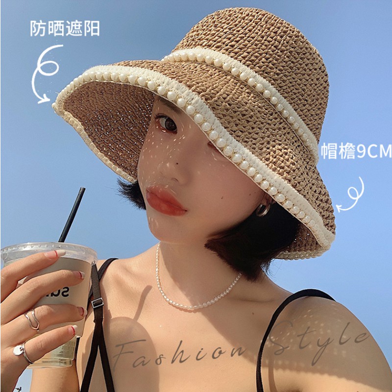 Mũ Cói Rộng Vành Chống Nắng Đính Ngọc Trai Thời Trang Đi Biển Mùa Hè Cho Nữ