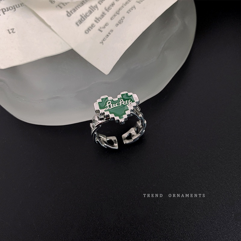 Nhẫn Hở Họa Tiết Chữ Khảm Màu Xanh Lá Thời Trang Cá Tính