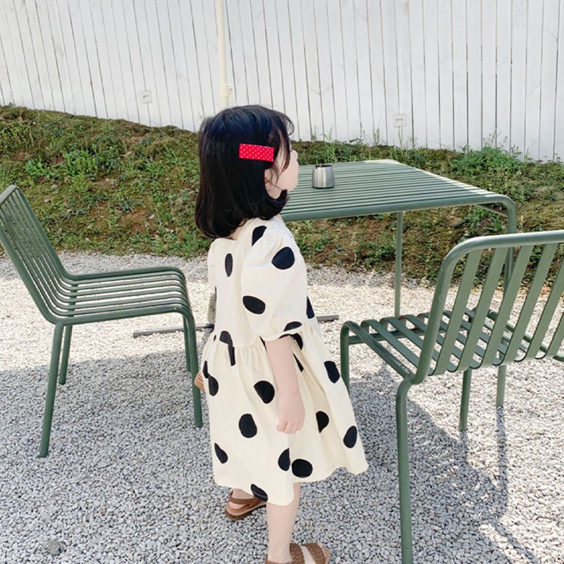 Đầm Bé Gái Chấm Bi Tay Phồng Phong Cách Hàn Quốc
