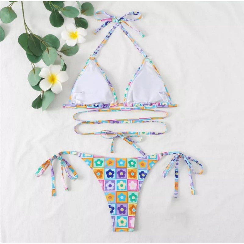 Bikini Tam Giác 2 Mảnh Hoa Nhí Nâu Tây Vintage