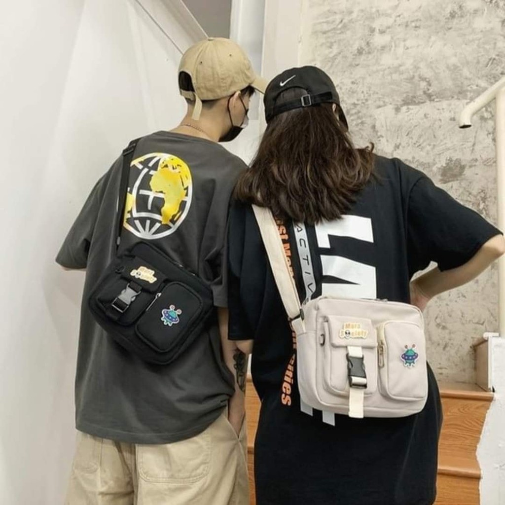Túi xách đeo chéo nữ kiểu dáng mini bag Hàn Quốc thời trang canvas khóa kéo hai ngăn ngang chữ DANGER NO TOUCHING