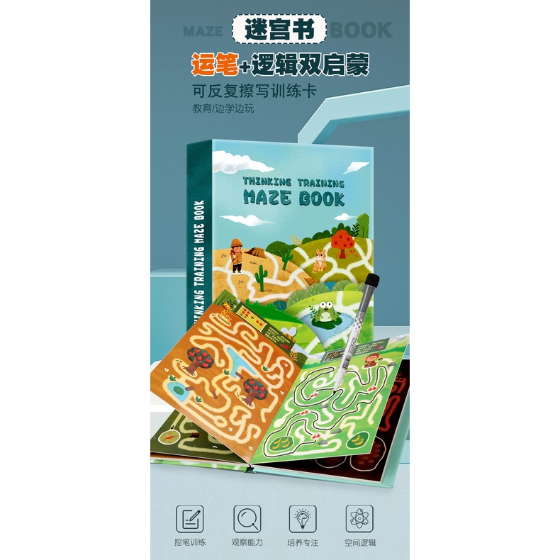 Học liệu giáo dục Montessori Sách mê cung kèm bút xóa Maze Book giúp trẻ em thông minh sáng tạo logic BeThongMinh