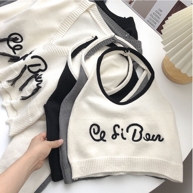 Set Áo Thun Dài Tay In Chữ + Áo Len Không Tay Phong Cách Hàn Quốc Dành Cho Nữ