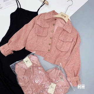 set váy đen áo khoác hồng