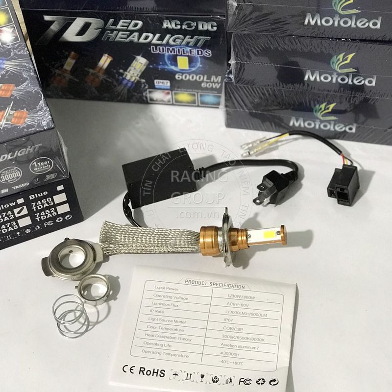 Đèn pha led xe máy Motoled 2in1 chân T19 H4 có râu tản nhiệt 6000 lumen siêu sáng