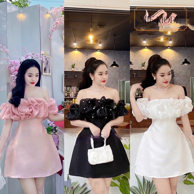 Đầm dự tiệc cưới TRIPBLE T DRESS dáng phối bẹt vai voan kính hạt ngọc - size S/M/L - MS412V