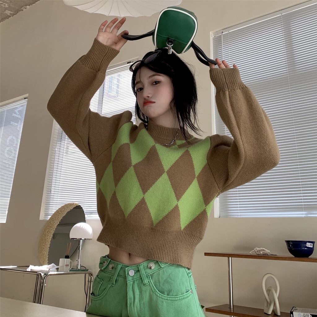 Áo sweater tay dài phồng dáng ôm sọc ca rô thời trang retro phương tây cá tính cho nữ